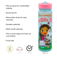 Gabbys Dollhouse Gabbys Dollhouse 600ml Water Bottle Flask With Straw